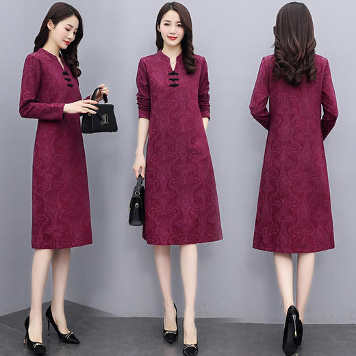 优雅气质，V领撞色盘扣中长款复古连衣裙HR-XYUX3213 商品图0