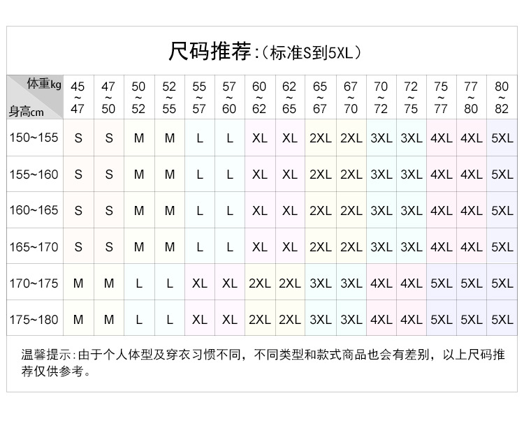 S-5XL-尺码推荐表