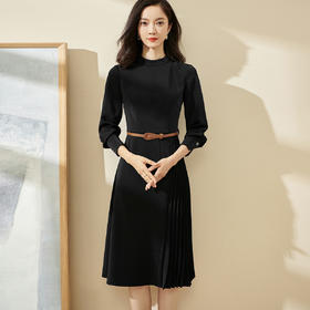 米思阳知性轻熟连衣裙小众不规则百褶2025新款中长款黑色裙子2309