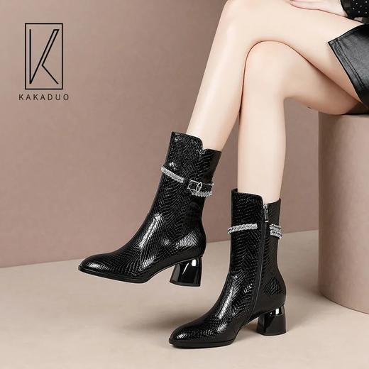 靴子女2021新款马丁靴中跟洋气女靴网红单靴加绒保暖爆款靴子 商品图3