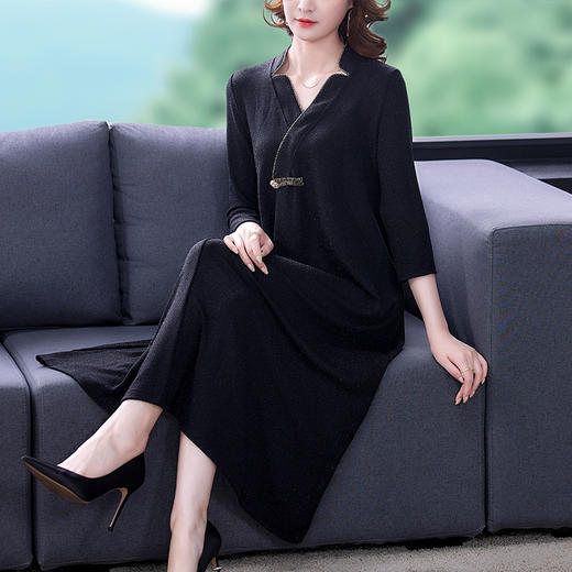 AHM  myx9372复古优雅宽松显瘦名媛气质V领连衣裙 商品图2