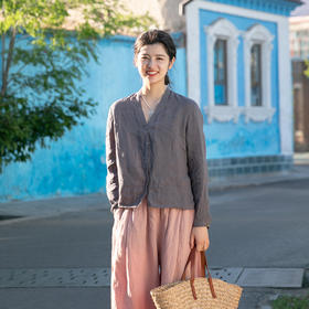 绽放318朵/长袖亚麻V领衬衫