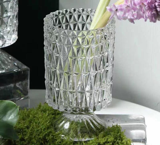 加厚水晶柱透明浮雕玻璃花瓶欧式高脚花器现代时尚水培容器家居装饰摆件 商品图3