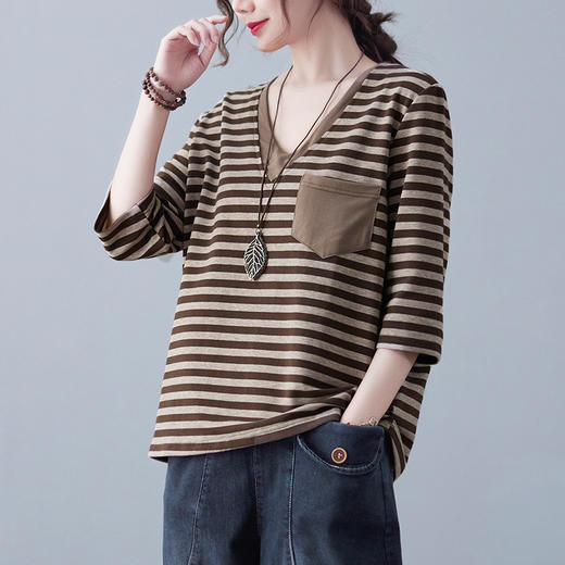 GYH  6260纯棉条纹宽松休闲显瘦V领贴口袋七分袖t恤 商品图1