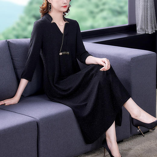 AHM  myx9372复古优雅宽松显瘦名媛气质V领连衣裙 商品图3