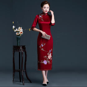 上海旗袍厂LHS-20521刺绣喜婆婆婚宴装旗袍 大码长袖连衣裙婚礼妈妈礼服 洋气秋季