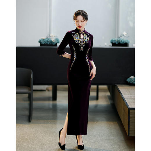 上海旗袍厂ZAYS-9111秋冬长款手工钉珠妈妈装旗袍时尚气质喜婆婆旗袍裙 商品图4