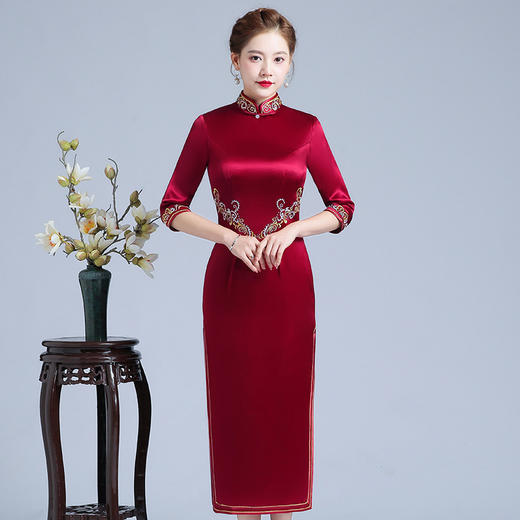 上海旗袍厂LHS-2031礼服新款旗袍长款刺绣年轻洋气连衣裙秋 商品图0