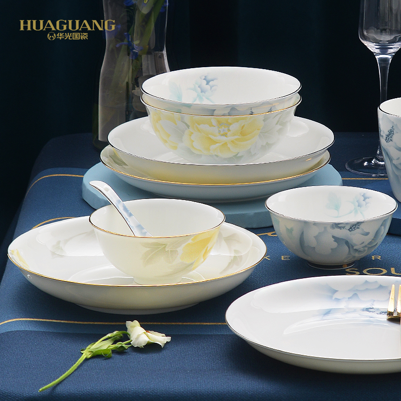 华光国瓷 骨瓷碗碟套装家用 32头餐具套装 釉中彩新中式礼盒 富贵花开