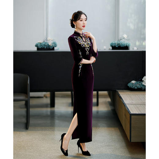 上海旗袍厂ZAYS-9111秋冬长款手工钉珠妈妈装旗袍时尚气质喜婆婆旗袍裙 商品图3