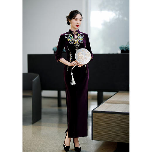 上海旗袍厂ZAYS-9111秋冬长款手工钉珠妈妈装旗袍时尚气质喜婆婆旗袍裙 商品图1