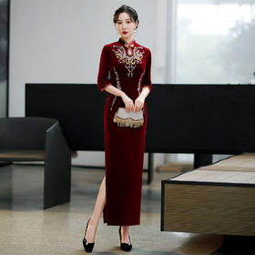 上海旗袍厂ZAYS-9110金丝绒手工钉珠旗袍2021秋冬妈妈装七分袖婚礼宴会礼服时尚旗袍裙