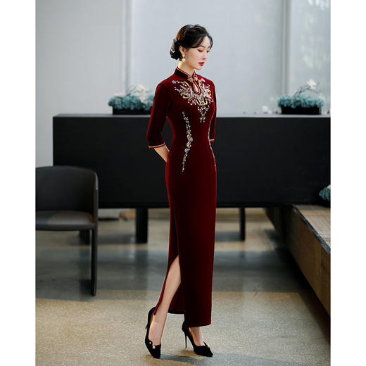 上海旗袍厂ZAYS-9110金丝绒手工钉珠旗袍2021秋冬妈妈装七分袖婚礼宴会礼服时尚旗袍裙 商品图7