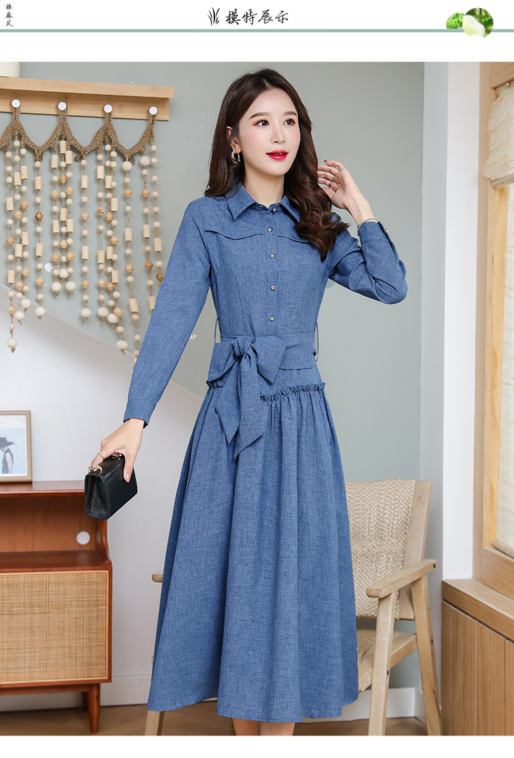 新款长袖连衣裙女流行亚麻收腰显瘦气质裙 xyx2511