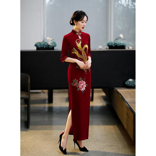 上海旗袍厂ZAYS-9108红秋冬金丝绒长款手工钉珠旗袍日常婚宴礼服红色妈妈装旗袍 商品图2