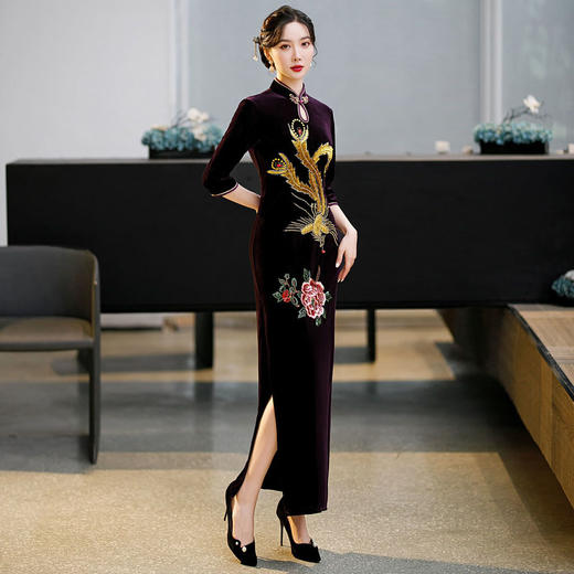 上海旗袍厂ZAYS-9108红秋冬金丝绒长款手工钉珠旗袍日常婚宴礼服红色妈妈装旗袍 商品图1