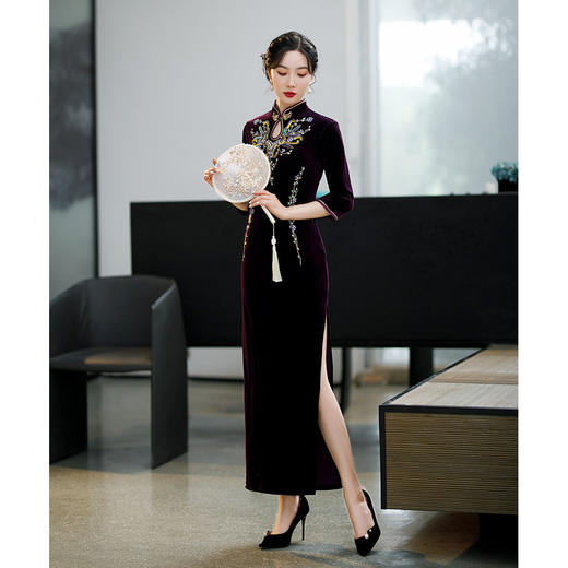 上海旗袍厂ZAYS-9111秋冬长款手工钉珠妈妈装旗袍时尚气质喜婆婆旗袍裙 商品图5