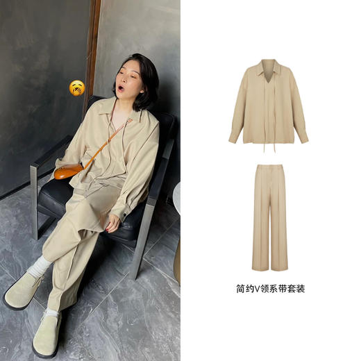 HIDEMI简约设计感v领系带套装 上衣/长裤 商品图6