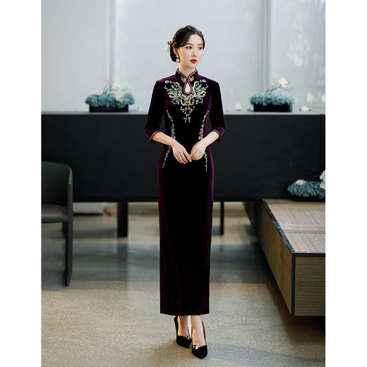 上海旗袍厂ZAYS-9110金丝绒手工钉珠旗袍2021秋冬妈妈装七分袖婚礼宴会礼服时尚旗袍裙 商品图8