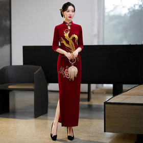 上海旗袍厂ZAYS-9108红秋冬金丝绒长款手工钉珠旗袍日常婚宴礼服红色妈妈装旗袍