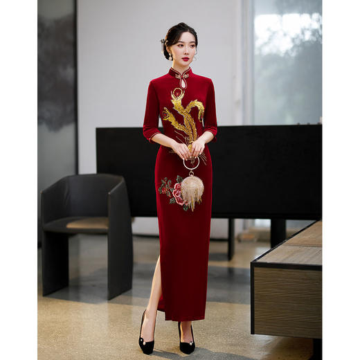 上海旗袍厂ZAYS-9108红秋冬金丝绒长款手工钉珠旗袍日常婚宴礼服红色妈妈装旗袍 商品图6