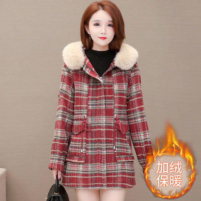 WE- JLNH-YNMA052 格子加绒毛呢外套女中长款2021秋装新款修身收腰气质优雅时尚大衣 商品图0