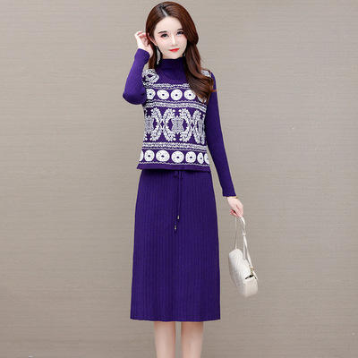 WE- MY-M21558 印花针织两件套装连衣裙女2021秋新款修身气质减龄弹力长袖打底裙 商品图1