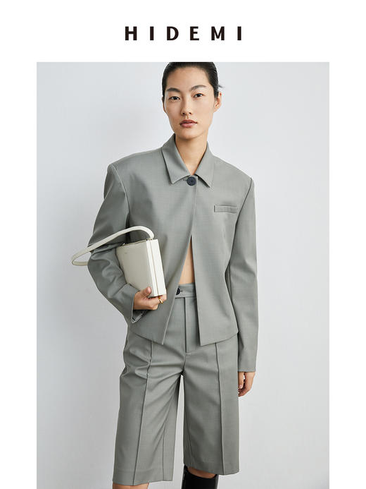 HIDEMI 斑鸠灰羊毛西装垫肩外套套装 短外套/中短裤 商品图1