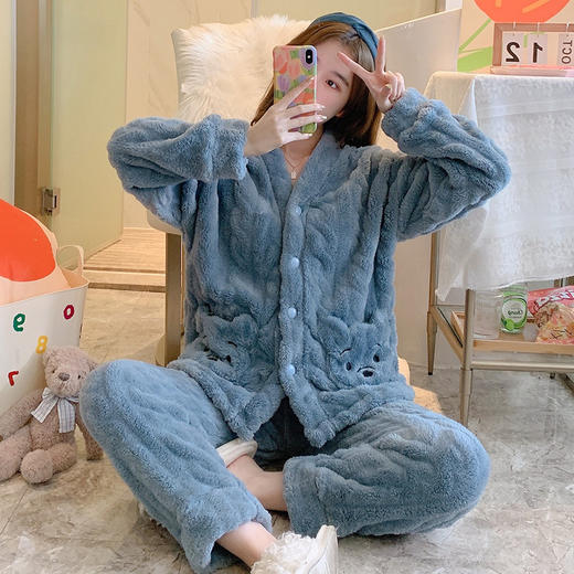 新款开衫睡衣女长毛绒直播学生秋冬季保暖睡衣女学生家居服套 商品图0