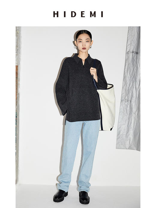 HIDEMI 美利奴羊毛系列POLO拉链式中厚款上衣 白色/灰色 商品图9