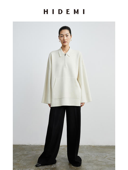 HIDEMI 美利奴羊毛系列POLO拉链式中厚款上衣 白色/灰色 商品图2