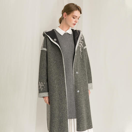 Famecoco范可儿毛呢大衣秋冬款连帽长款外套F218AC001 商品图3