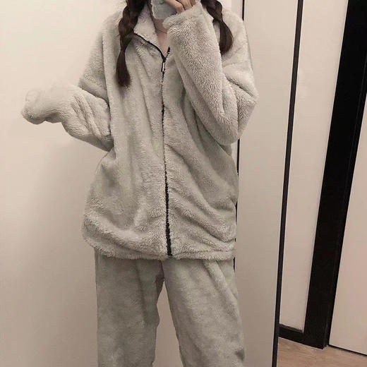 新款珊瑚绒情侣睡衣男女秋冬加厚保暖黑色法兰绒毛绒家居服两件套 商品图4