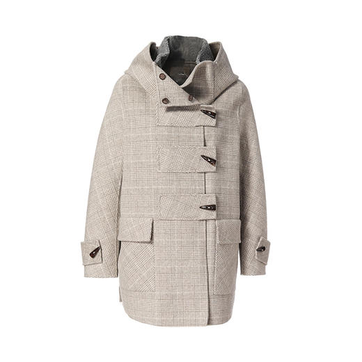Famecoco范可儿羊毛大衣冬季牛角扣中长款连帽格纹毛呢外套F218AR006 商品图5