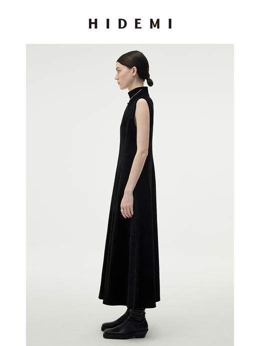 HIDEMI黑色小立领设计感立裁绒面背心长裙 商品图3