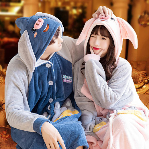 睡袍女秋冬长款珊瑚绒加绒加厚情侣浴袍法兰绒男士睡衣冬季家居服 商品图0