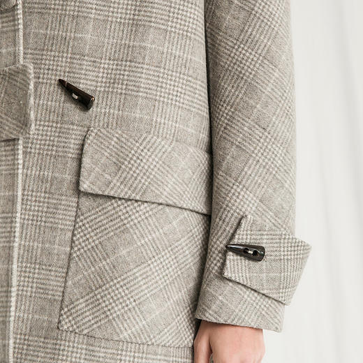 Famecoco范可儿羊毛大衣冬季牛角扣中长款连帽格纹毛呢外套F218AR006 商品图2