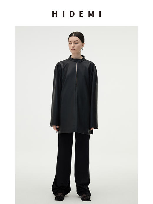 HIDEMI 黑色纽扣式镂空设计感小立领皮上衣皮衣 商品图3