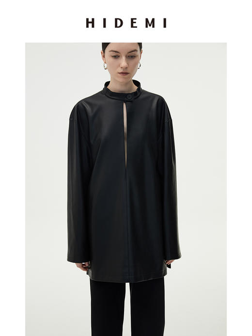HIDEMI 黑色纽扣式镂空设计感小立领皮上衣皮衣 商品图6