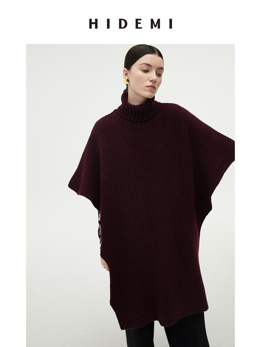 HIDEMI 美利奴羊毛系列酒红色加厚针织廓形斗篷 商品图6