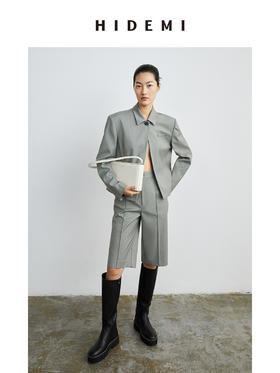 HIDEMI 斑鸠灰羊毛西装垫肩外套套装 短外套/中短裤