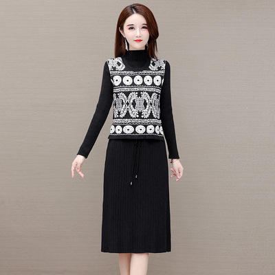 WE- MY-M21558 印花针织两件套装连衣裙女2021秋新款修身气质减龄弹力长袖打底裙 商品图3