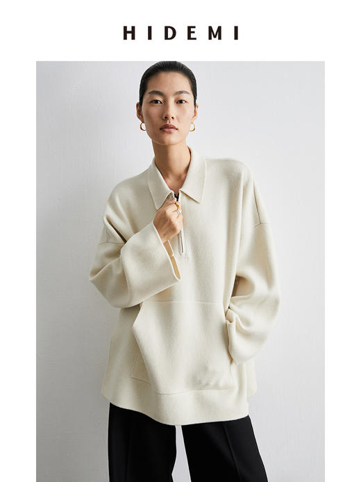 HIDEMI 美利奴羊毛系列POLO拉链式中厚款上衣 白色/灰色 商品图1