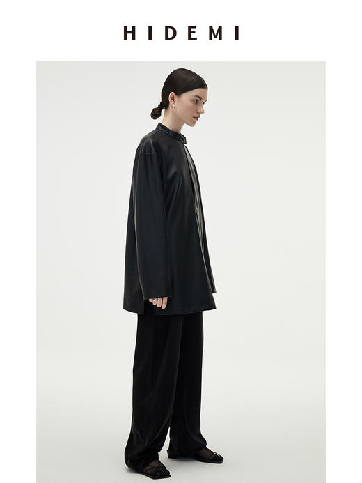 HIDEMI 黑色纽扣式镂空设计感小立领皮上衣皮衣 商品图4