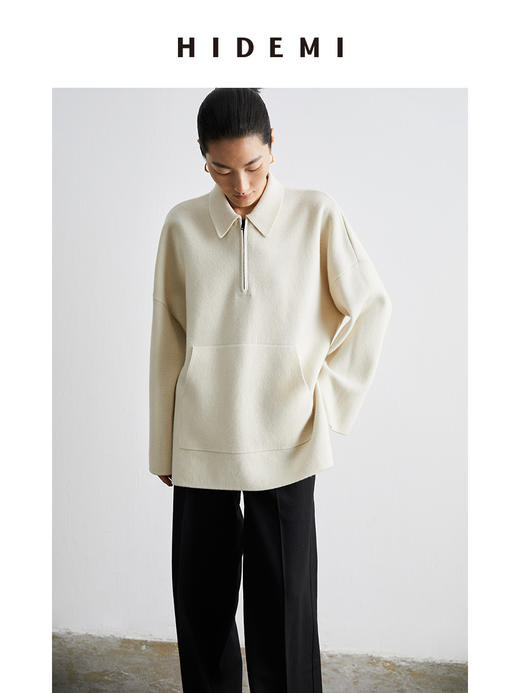 HIDEMI 美利奴羊毛系列POLO拉链式中厚款上衣 白色/灰色 商品图8