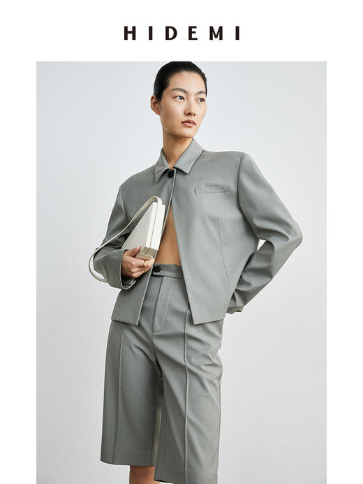 HIDEMI 斑鸠灰羊毛西装垫肩外套套装 短外套/中短裤 商品图4