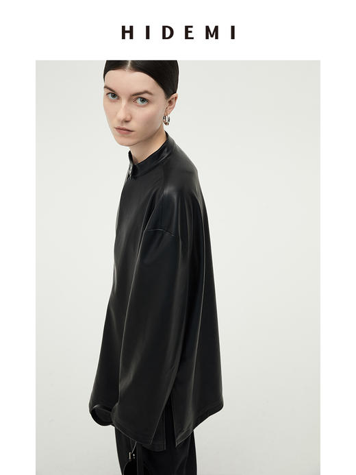 HIDEMI 黑色纽扣式镂空设计感小立领皮上衣皮衣 商品图8