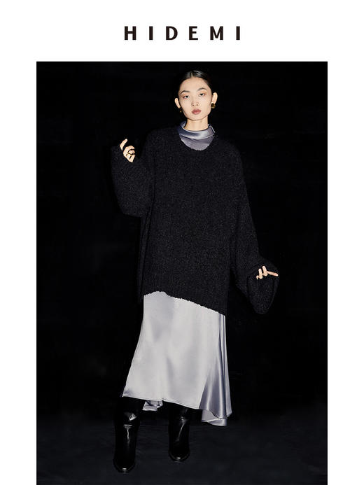 HIDEMI 圈圈羊驼毛粗针宽松毛衣 黑色/自然驼 商品图5