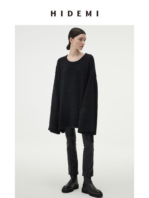 HIDEMI 圈圈羊驼毛粗针宽松毛衣 黑色/自然驼 商品图2
