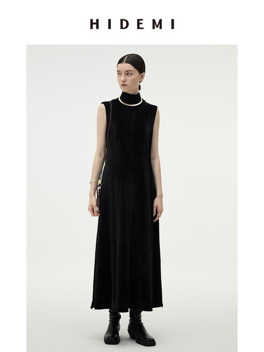 HIDEMI黑色小立领设计感立裁绒面背心长裙 商品图0
